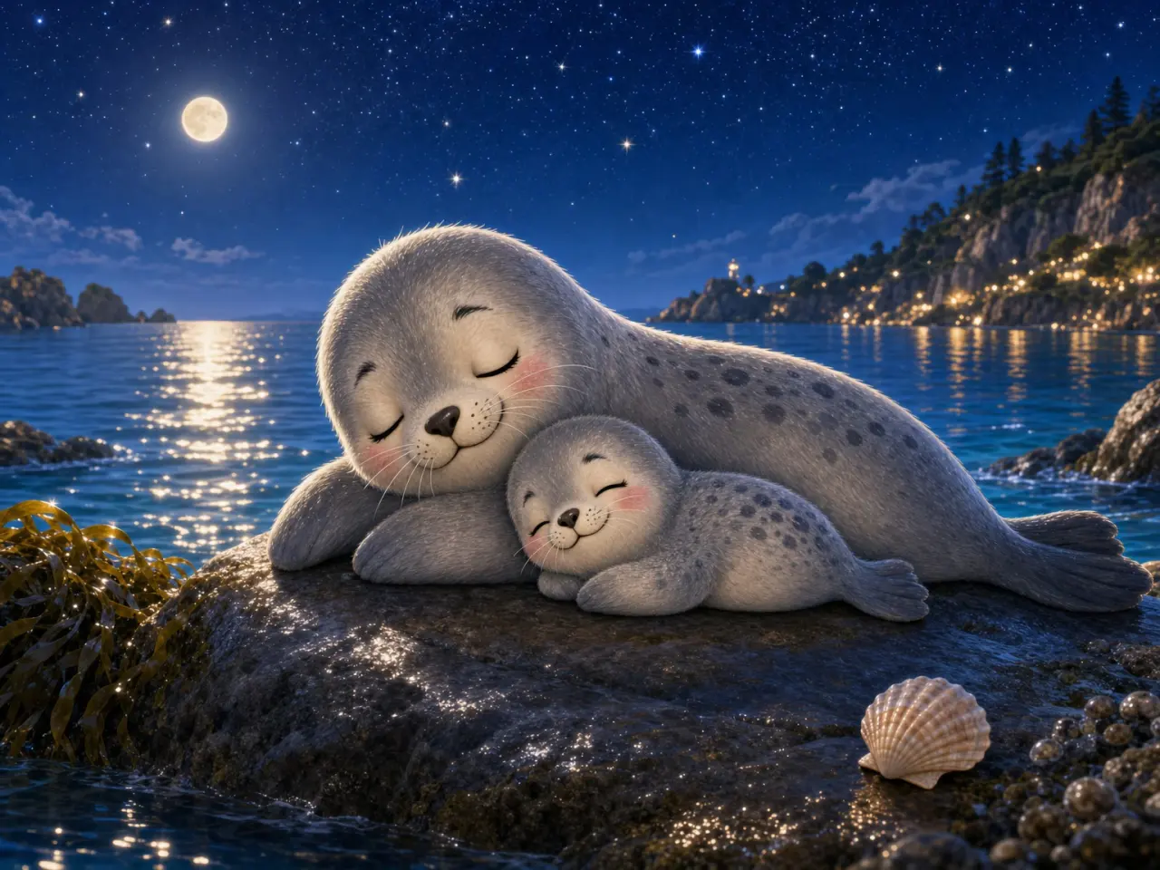 Little seal Sully snuggled close to Mama under the quiet night sea